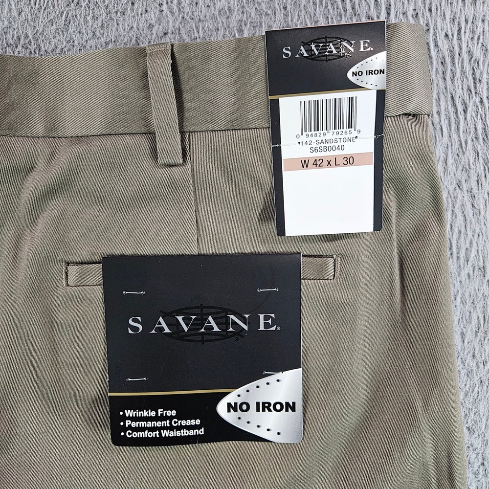 Savane Mens Pleated Dress Pants 42x30 Sandstone Tan No Iron Cuffed NEW NWT